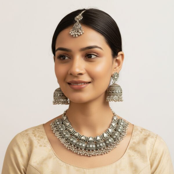 Handcrafted Oxidized Silver Necklace Set with Earrings & Maang Tikka – Ethnic Indian Jewelry