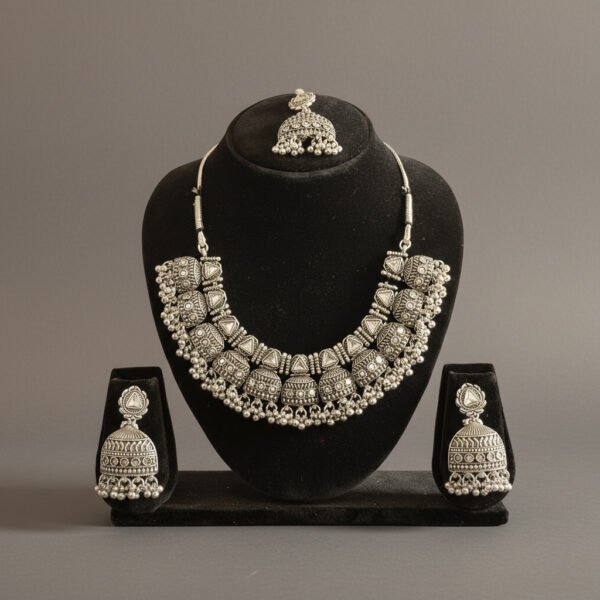 Handcrafted Oxidized Silver Necklace Set with Earrings & Maang Tikka – Ethnic Indian Jewelry