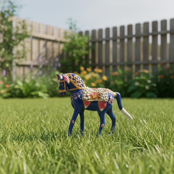 horse image 1 Handcrafted Blue Metal Horse Figurine | Decorative Rajasthani Horse Statue with Pearl & Enamel Work