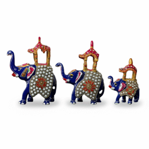 Handcrafted Blue Metal Ambabari Elephant Figurines – Set of 3 | Decorative Royal Elephants with Pearl Work & Enamel Detailing