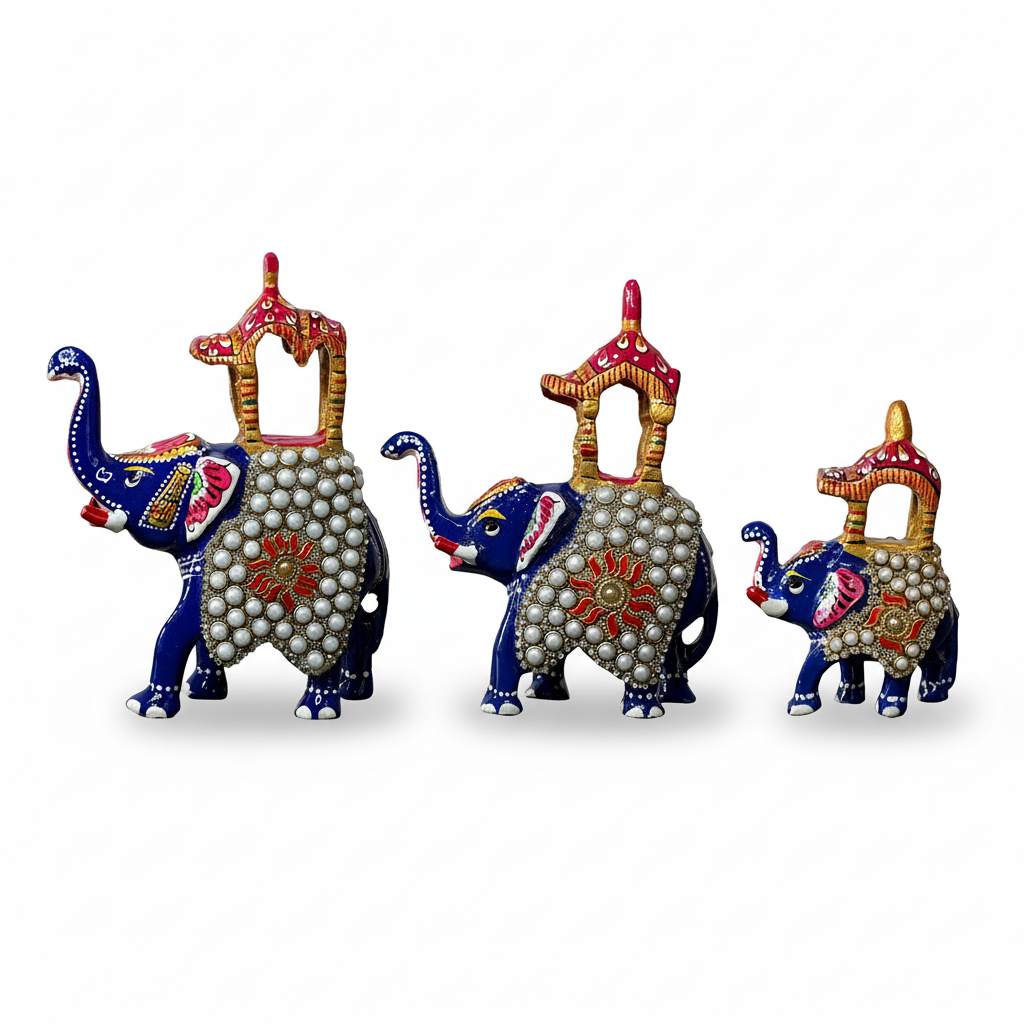 Handcrafted Blue Metal Ambabari Elephant Figurines – Set of 3 | Decorative Royal Elephants with Pearl Work & Enamel Detailing