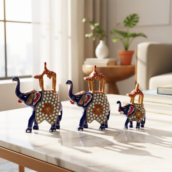 metal Ambabari image 3 Handcrafted Blue Metal Ambabari Elephant Figurines – Set of 3 | Decorative Royal Elephants with Pearl Work & Enamel Detailing