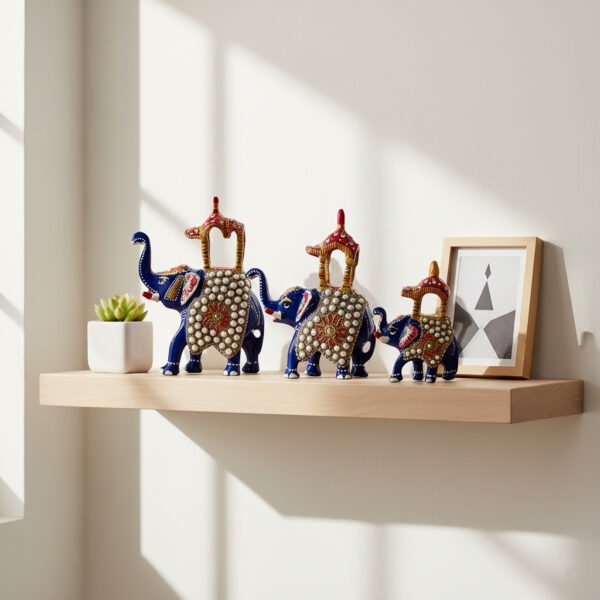 metal Ambabari image 4 Handcrafted Blue Metal Ambabari Elephant Figurines – Set of 3 | Decorative Royal Elephants with Pearl Work & Enamel Detailing