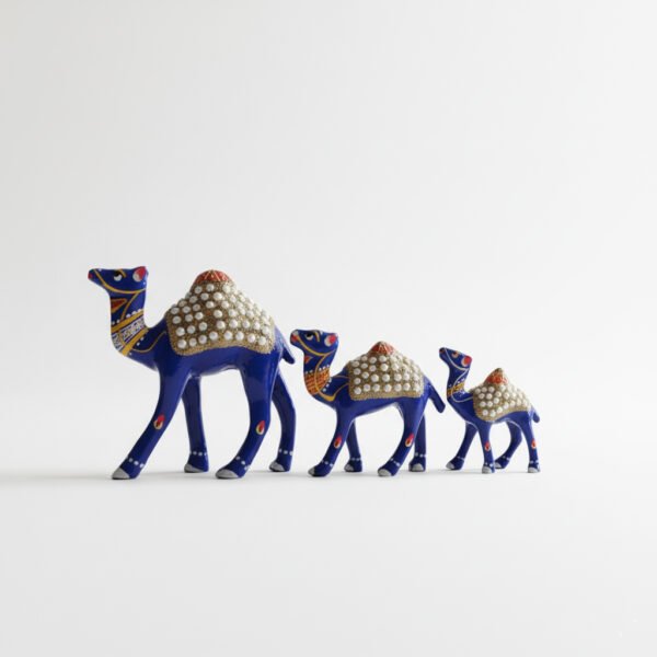 metal camel set image 1 Handcrafted Blue Metal Camel Figurines – Set of 3 | Decorative Rajasthani Camel Showpiece with Pearl Work & Enamel Detailing