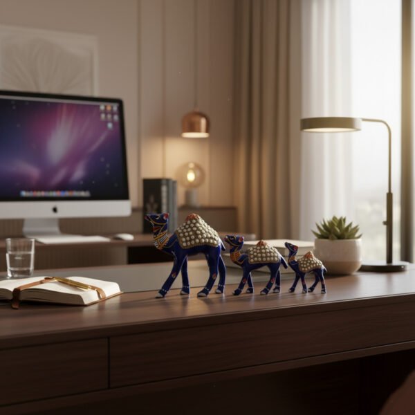 metal camel set image 2 Handcrafted Blue Metal Camel Figurines – Set of 3 | Decorative Rajasthani Camel Showpiece with Pearl Work & Enamel Detailing