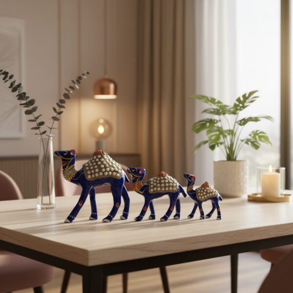 metal camel set image 3 Handcrafted Blue Metal Camel Figurines – Set of 3 | Decorative Rajasthani Camel Showpiece with Pearl Work & Enamel Detailing