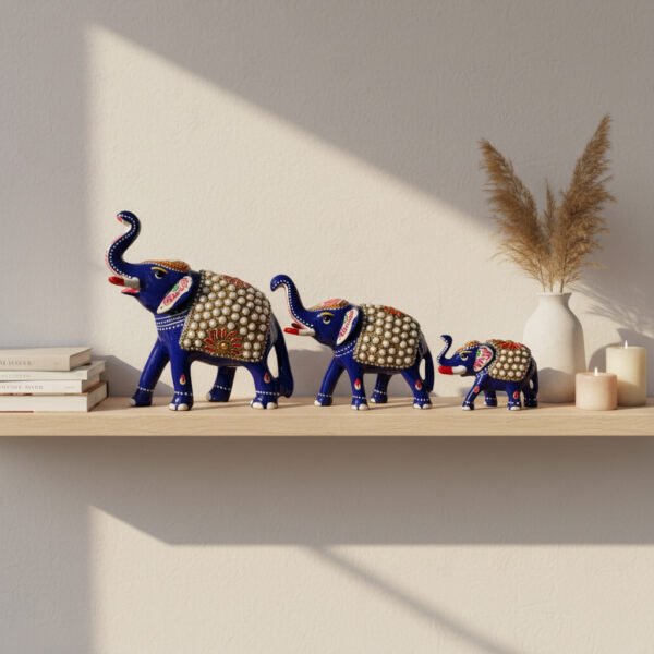metal elephant image 3 Handcrafted Blue Metal Elephant Figurines – Set of 3 | Decorative Rajasthani Elephant Showpieces with Pearl & Enamel Work