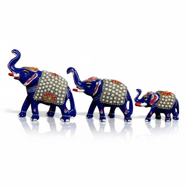 metal elephant image 4 Handcrafted Blue Metal Elephant Figurines – Set of 3 | Decorative Rajasthani Elephant Showpieces with Pearl & Enamel Work