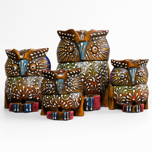 4-Piece Wooden Owl Family Set – Handcrafted Home Décor