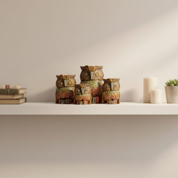 4-Piece Wooden Owl Family Set – Handcrafted Home Décor