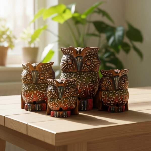 4-Piece Wooden Owl Family Set – Handcrafted Home Décor