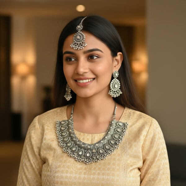 oxidised Jewlrey design 2 image 3 Handcrafted Oxidized Silver Teardrop Necklace Set with Earrings & Maang Tikka – Antique Indian Jewelry