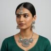 Handcrafted Oxidized Silver Necklace Set with Multi-Stone Detailing – Necklace, Earrings & Maang Tikka
