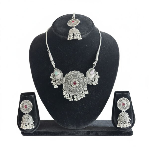 Handcrafted Oxidized Silver Necklace Set with Multi-Stone Detailing – Necklace, Earrings & Maang Tikka