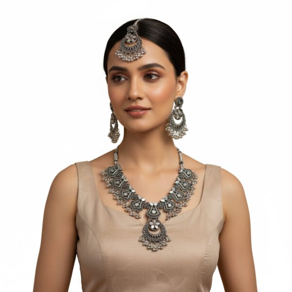 Handcrafted Oxidized Silver Floral Necklace Set with Earrings & Maang Tikka – Ethnic Statement Jewelry