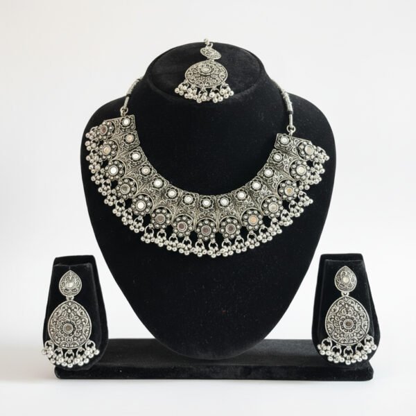 oxidised Jewlrey design 5 image 1 Antique Oxidized Silver Wide Necklace Set with Earrings & Maang Tikka – Traditional Indian Jewelry