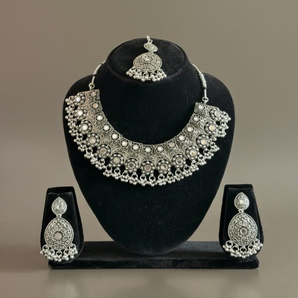 oxidised Jewlrey design 5 image 3 Antique Oxidized Silver Wide Necklace Set | Traditional Indian Jewelry