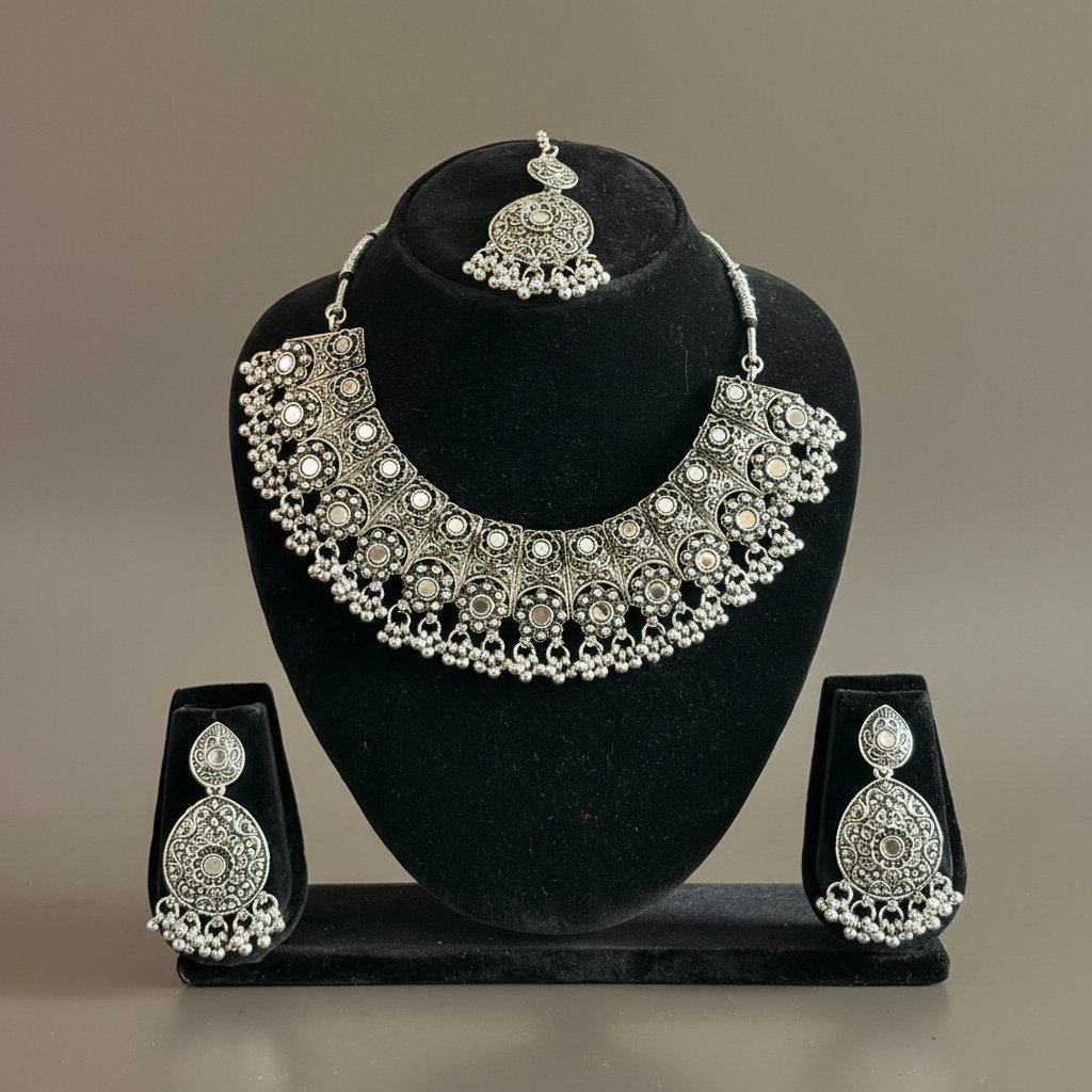 Antique Oxidized Silver Wide Necklace Set | Traditional Indian Jewelry