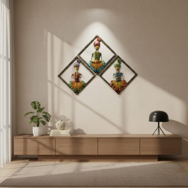 wall hanging design 1 Handcrafted Metal Rajasthani Man Wall Art – Set of 3