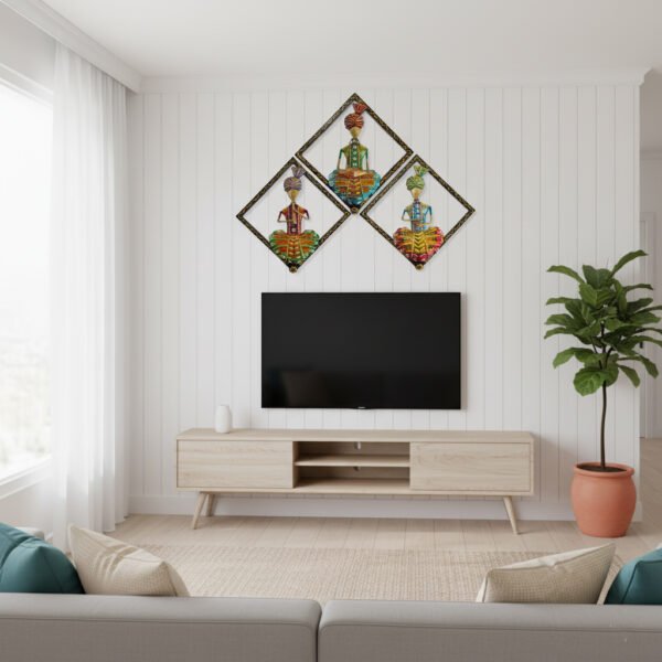 wall hanging design 6 Handcrafted Metal Rajasthani Man Wall Art – Set of 3