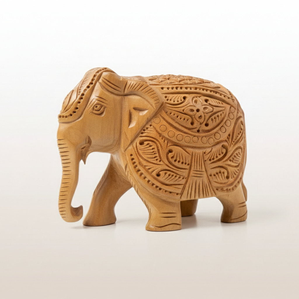 Hand-Carved Wooden Elephant Figurine | Natural Wood Elephant Statue for Home Décor & Gifting
