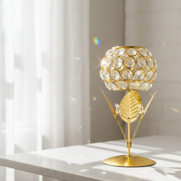 Gold Flower Crystal Look Candle Holder – Metal Stand Luxury Table Decor