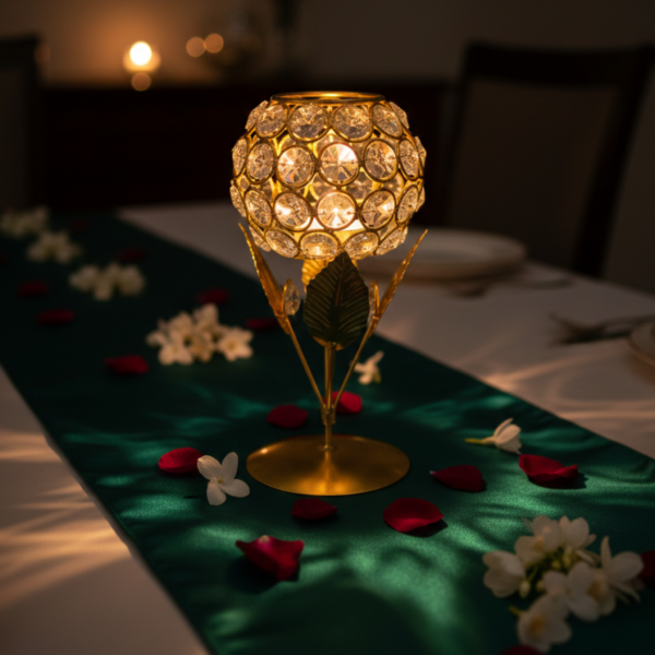 Gold Flower Crystal Look Candle Holder – Metal Stand Luxury Table Decor