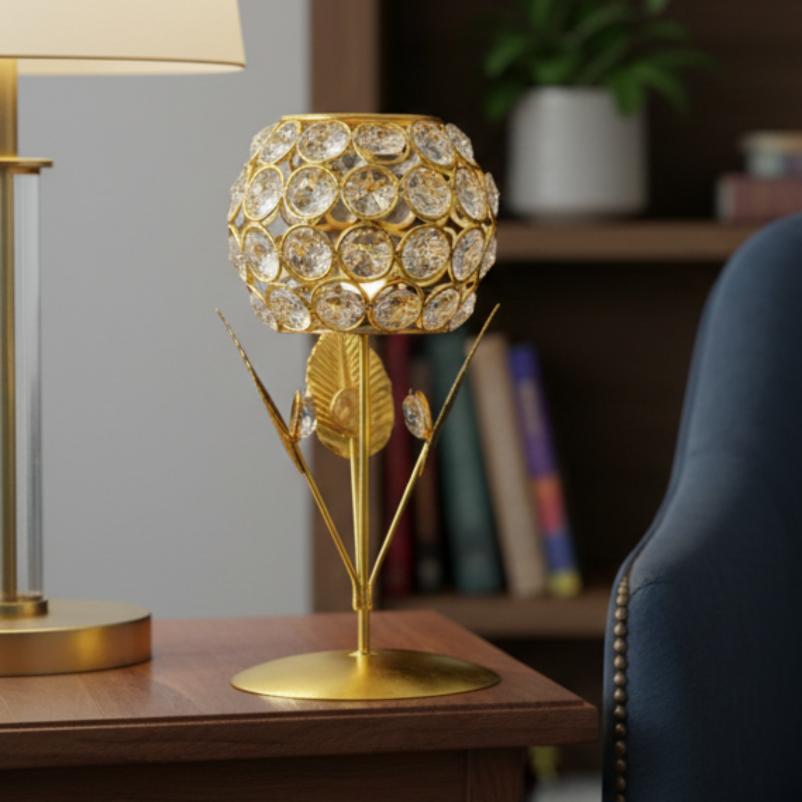 Gold Flower Crystal Look Candle Holder – Metal Stand Luxury Table Decor