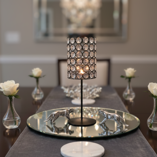 Crystal Tea Light Candle Holder Stand – Black Metal Luxury Decor