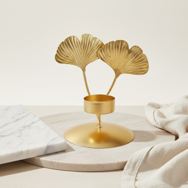 Gold Ginkgo Leaf Tea Light Candle Holder – Metal Luxury Table Centerpiece Decor