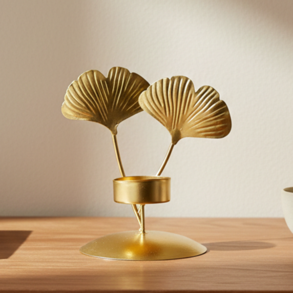 Gold Ginkgo Leaf Tea Light Candle Holder – Metal Luxury Table Centerpiece Decor