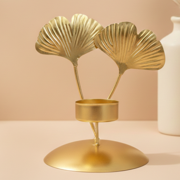 Gold Ginkgo Leaf Tea Light Candle Holder – Metal Luxury Table Centerpiece Decor