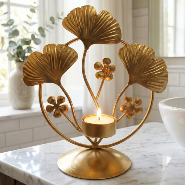 Gold Floral Leaf Tea Light Candle Holder – Metal Luxury Table Decor Stand