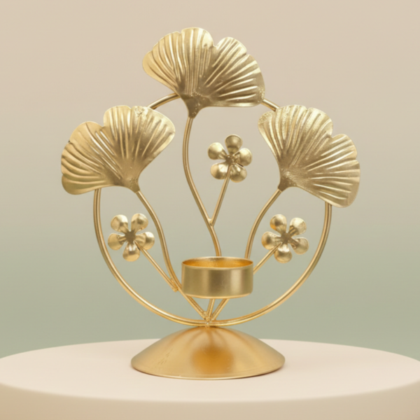 Gold Floral Leaf Tea Light Candle Holder – Metal Luxury Table Decor Stand