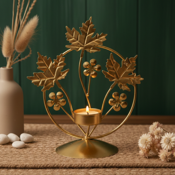 Gold Leaf Tea Light Candle Holder image 1 Gold Maple Leaf Tea Light Candle Holder – Elegant Metal Table Decor Stand