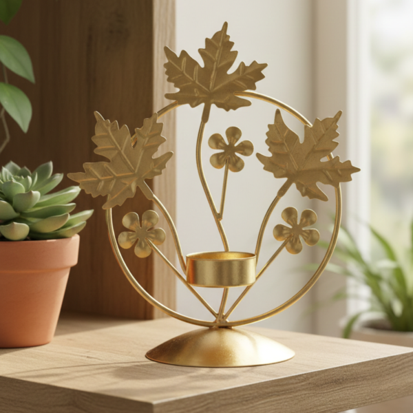Gold Leaf Tea Light Candle Holder image 4 Gold Maple Leaf Tea Light Candle Holder – Elegant Metal Table Decor Stand