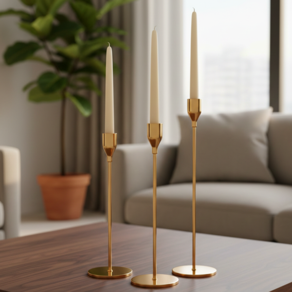 Gold Metal Candle Holder Set of 3 – Modern Tall Taper Candle Stand for Table & Home Décor