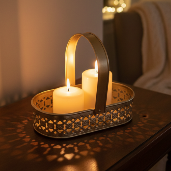 Gold Metal Decorative Basket Tray with Handle – Luxury Oval Storage Basket for Home Decor, Bathroom, Vanity & Gift Hamper