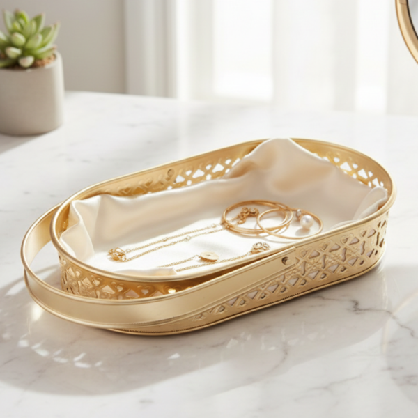 Gold Metal Decorative Basket Tray with Handle – Luxury Oval Storage Basket for Home Decor, Bathroom, Vanity & Gift Hamper