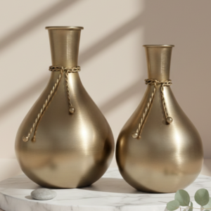 Gold Metal Decorative Vase Set with Rope Accent – Modern Luxury Home Décor