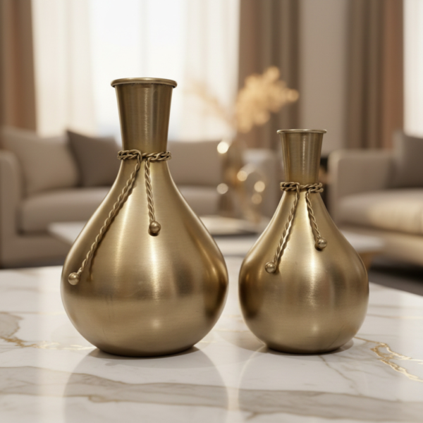 Gold Metal Decorative Vase Set with Rope Accent – Modern Luxury Home Décor