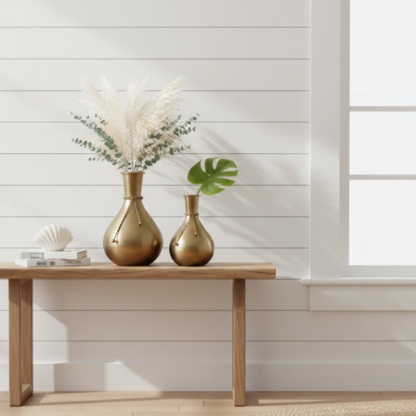 Gold Metal Decorative Vase Set with Rope Accent – Modern Luxury Home Décor