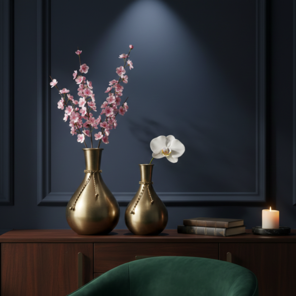 Gold Metal Decorative Vase Set with Rope Accent – Modern Luxury Home Décor