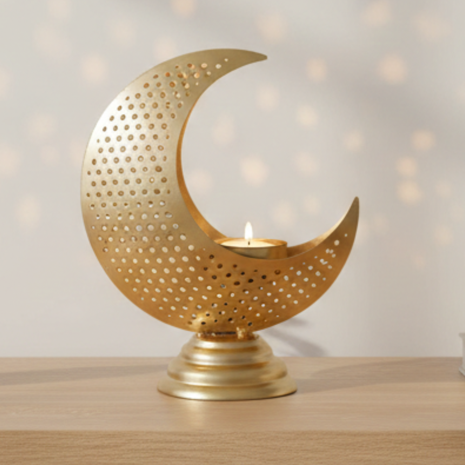 Gold Perforated Crescent Moon Candle Holder – Metal Tea Light Decor