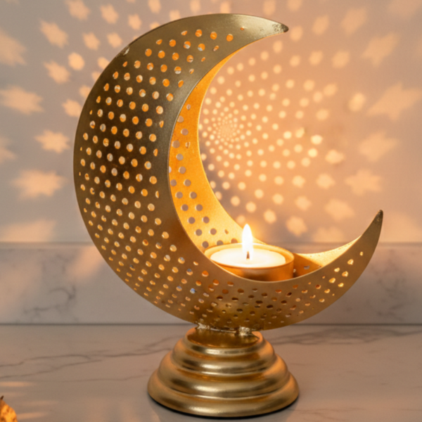 Gold Moon Tea Light Candle Holder – Perforated Metal Crescent Décor image 4 Gold Perforated Crescent Moon Candle Holder – Metal Tea Light Decor