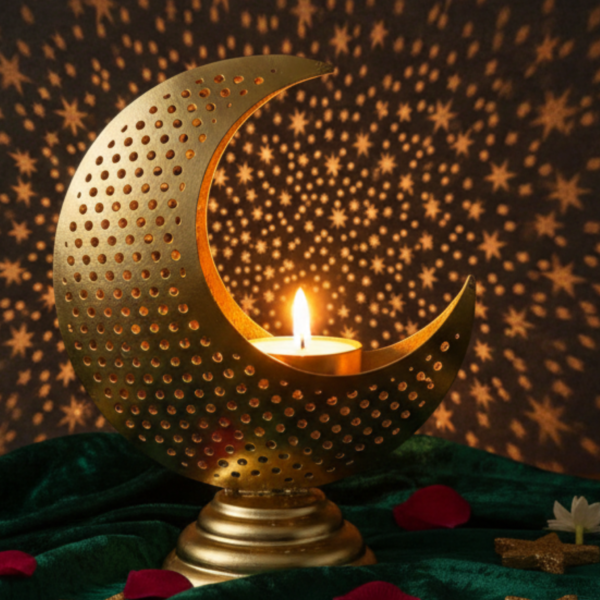 Gold Moon Tea Light Candle Holder – Perforated Metal Crescent Décor image2 Gold Perforated Crescent Moon Candle Holder – Metal Tea Light Decor