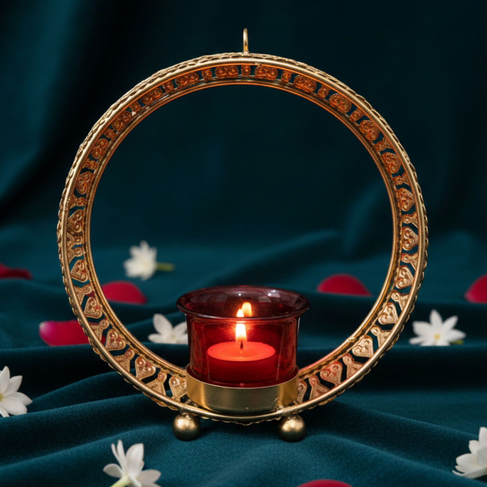 Gold Ring Tea Light Candle Holder with Glass Cup – Modern Metal Decor