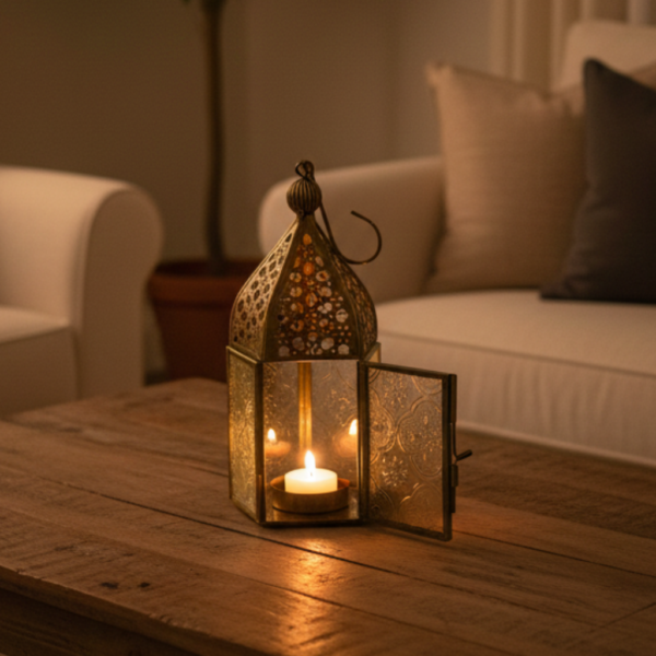 Moroccan Metal Decorative Lantern – Vintage Gold Tea Light Holder Hanging