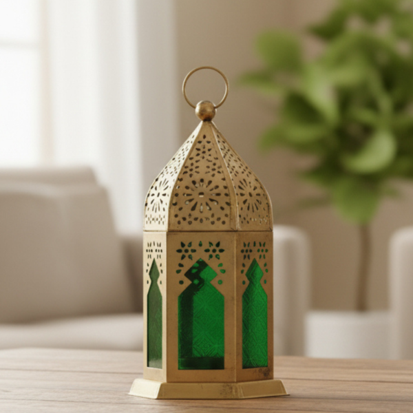 Moroccan Metal Decorative Lantern – Gold Tea Light Holder with Colored Glass Green Small Moroccan Metal Decorative Lantern – Gold Tea Light Holder with Colored Glass | Tabletop & Hanging Candle Lantern