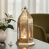 Moroccan Metal Decorative Lantern – Gold Tea Light Holder with Colored Glass White Small Moroccan Metal Decorative Lantern – Gold Tea Light Holder with Colored Glass | Tabletop & Hanging Candle Lantern